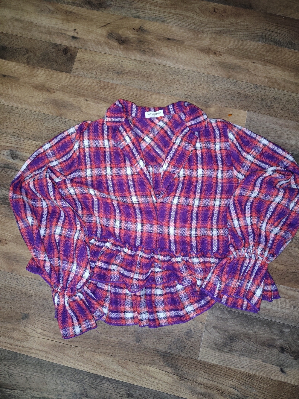 vestique Purple and Orange Plaid Peplum Top